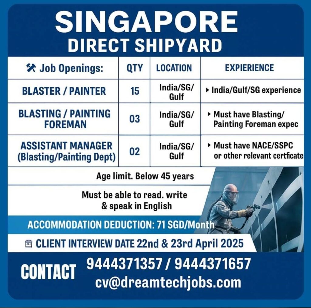 Top Shipyard Jobs in Singapore 2025 – Apply Now for Painter, Foreman & Assistant Manager Roles