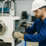 Engineer wiring an electrical control box on the factory floor – Electrical box assembly maintenance roles