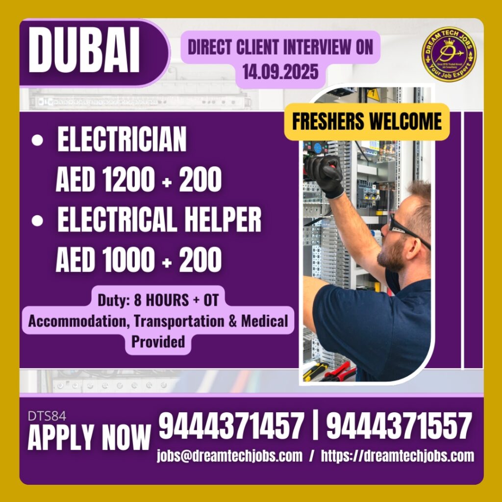 Dubai Electrician & Electrical Helper Jobs – Interview 4 Technician doing cable termination – Direct interview 14 Sep 2025 Dubai jobs