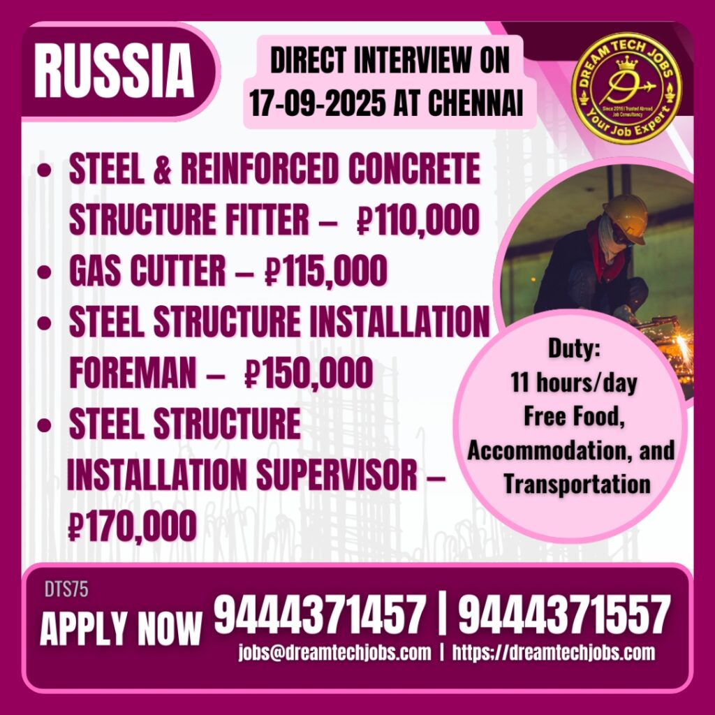 Foreman supervising steel installation – Chennai direct interview Russia