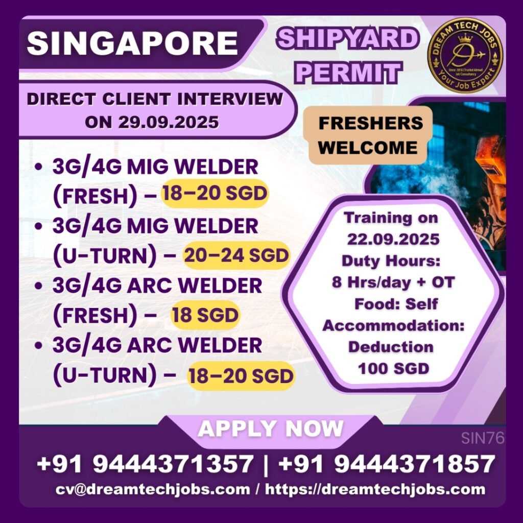 Singapore Shipyard Permit Jobs: Fitters & 3G/4G Welders 2 Singapore shipyard permit jobs – electrical fitter & 3G/4G welder interviews Trichy