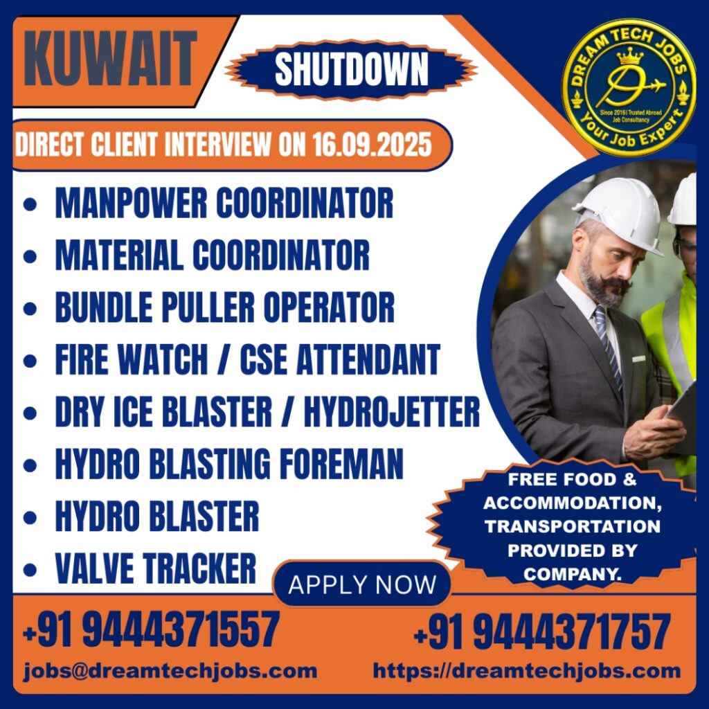 Kuwait shutdown jobs 2025 – mechanical and electrical supervisors recruiting