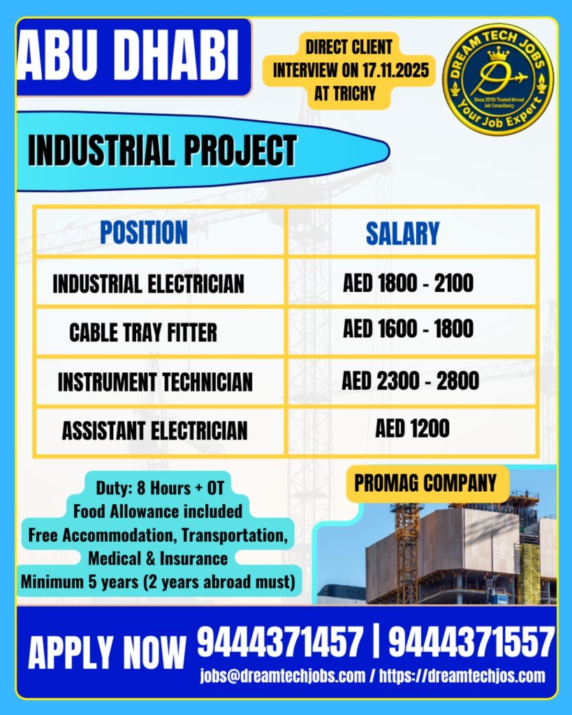 Abu Dhabi Industrial Electrician Cable Tray Fitter Technician Jobs – Work Visa