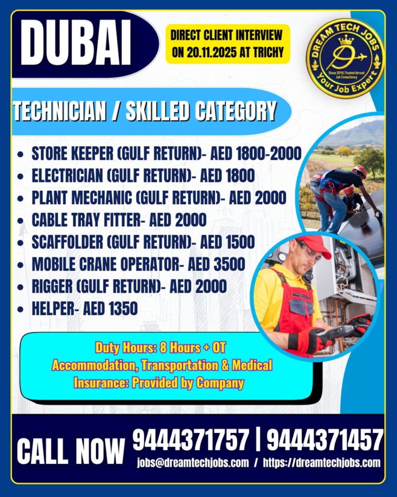 Dubai Chargehand Technician Skilled Foreman Jobs Employment Visa