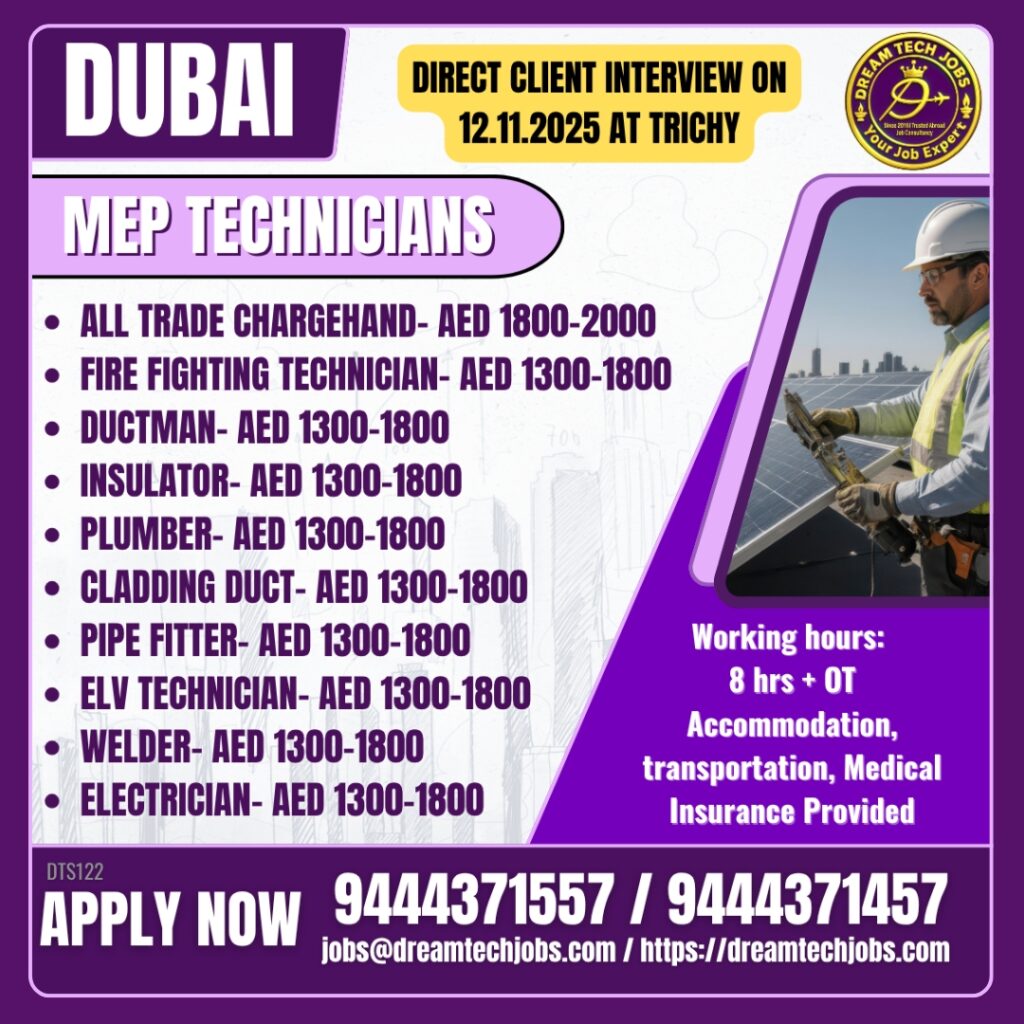 Dubai Construction & MEP Jobs – Direct Client Interview in Trichy (Nov 2025) 3 Gulf Construction Vacancies