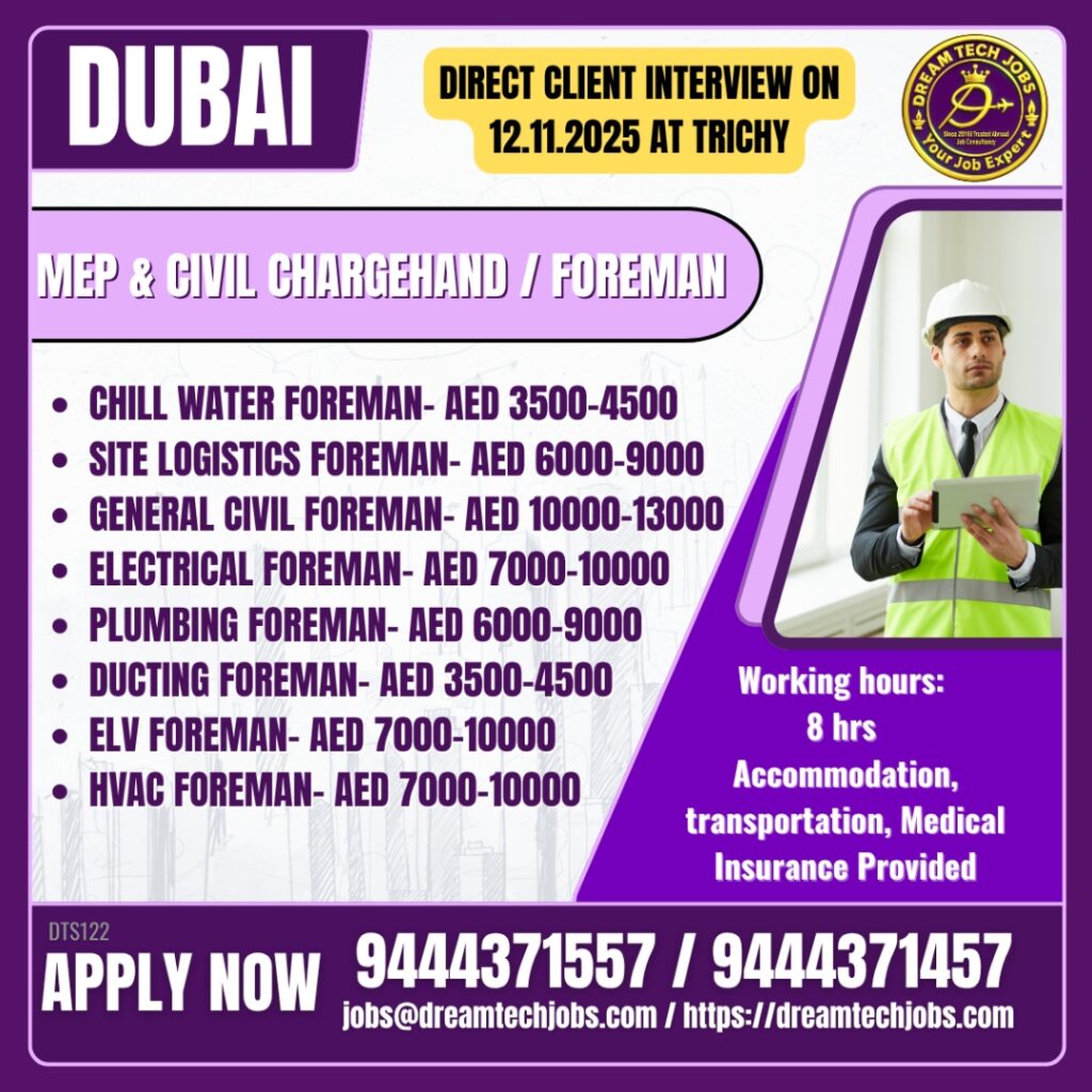 Dubai Construction & MEP Jobs – Direct Client Interview in Trichy (Nov 2025) 4 Dubai Civil Foreman Jobs