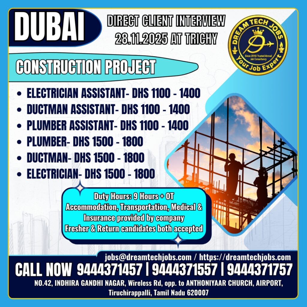 Dubai Construction Project Jobs – Technician & Assistant Vacancy – UAE Hiring