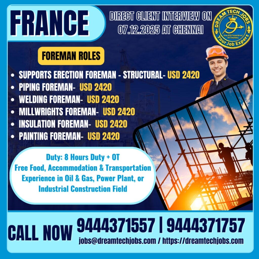France Skilled Technicians & Supervisors Jobs – Direct Client Interview in Chennai 4 abroad jobs from trichy