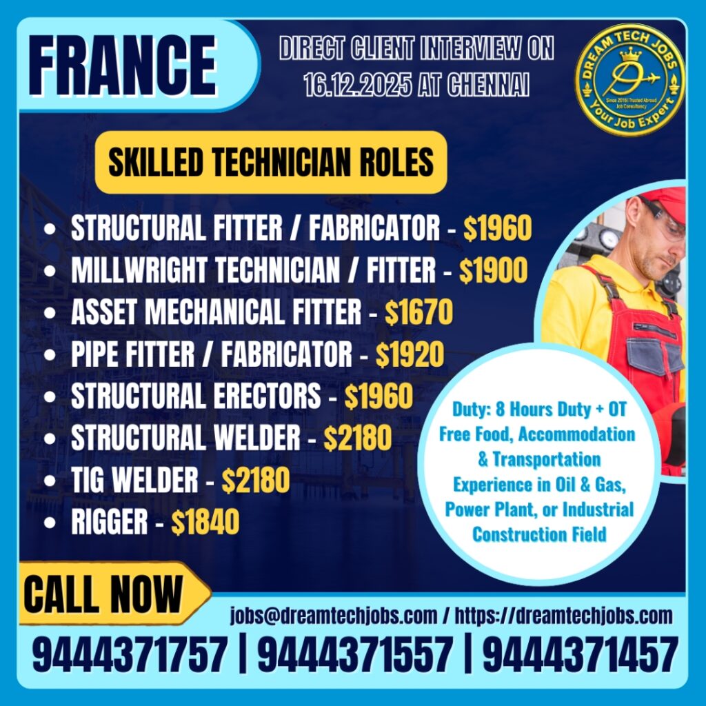 France skilled technician jobs direct interview Chennai