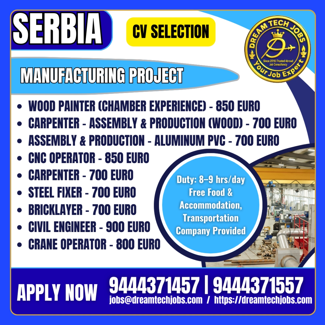 Serbia manufacturing jobs for Indians 2025