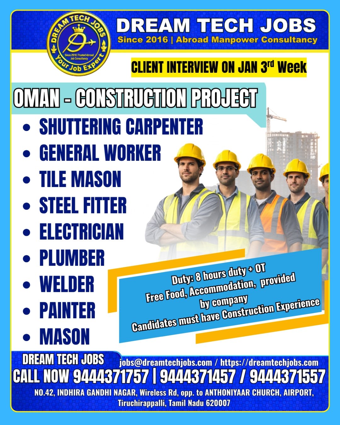 Oman Construction Project Jobs for Indians 