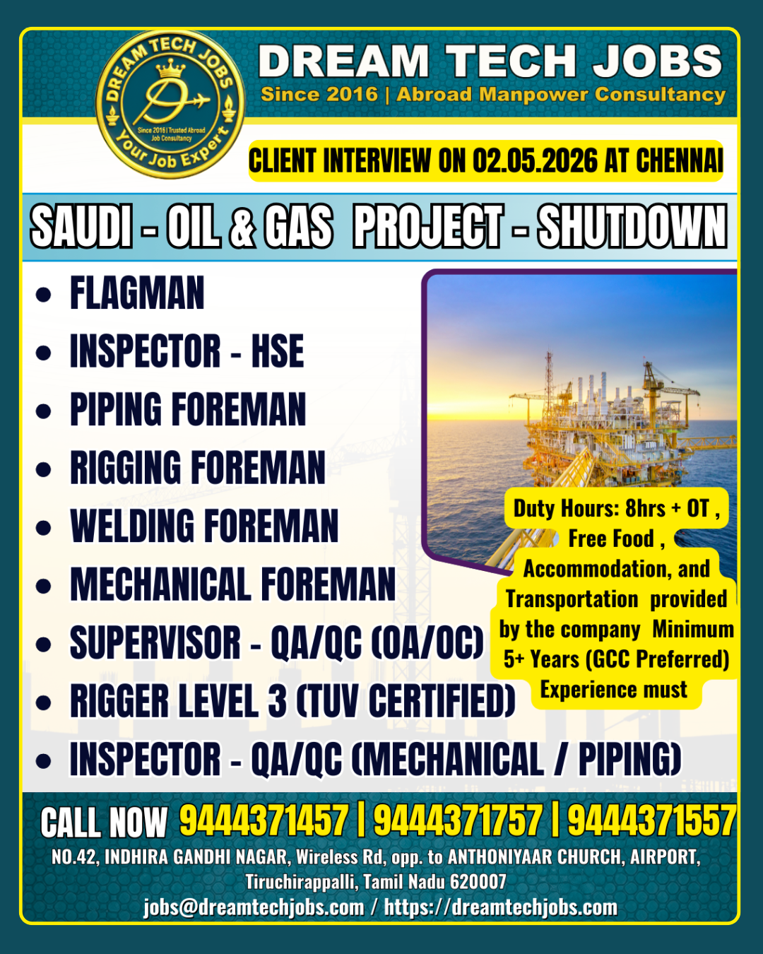 Saudi oil and gas shutdown project jobs 2026 Chennai interview
