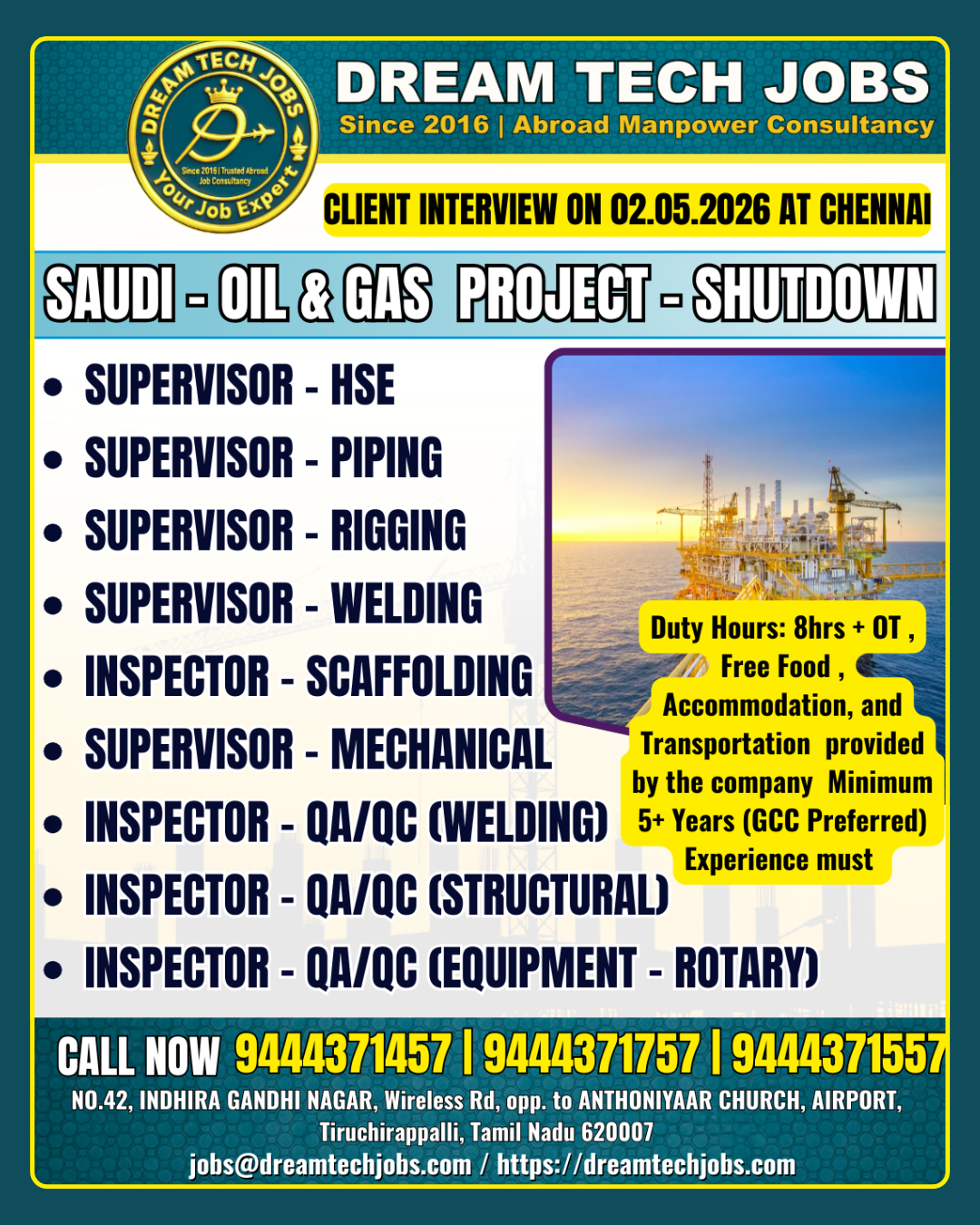 Saudi oil and gas shutdown project jobs 2026 Chennai interview