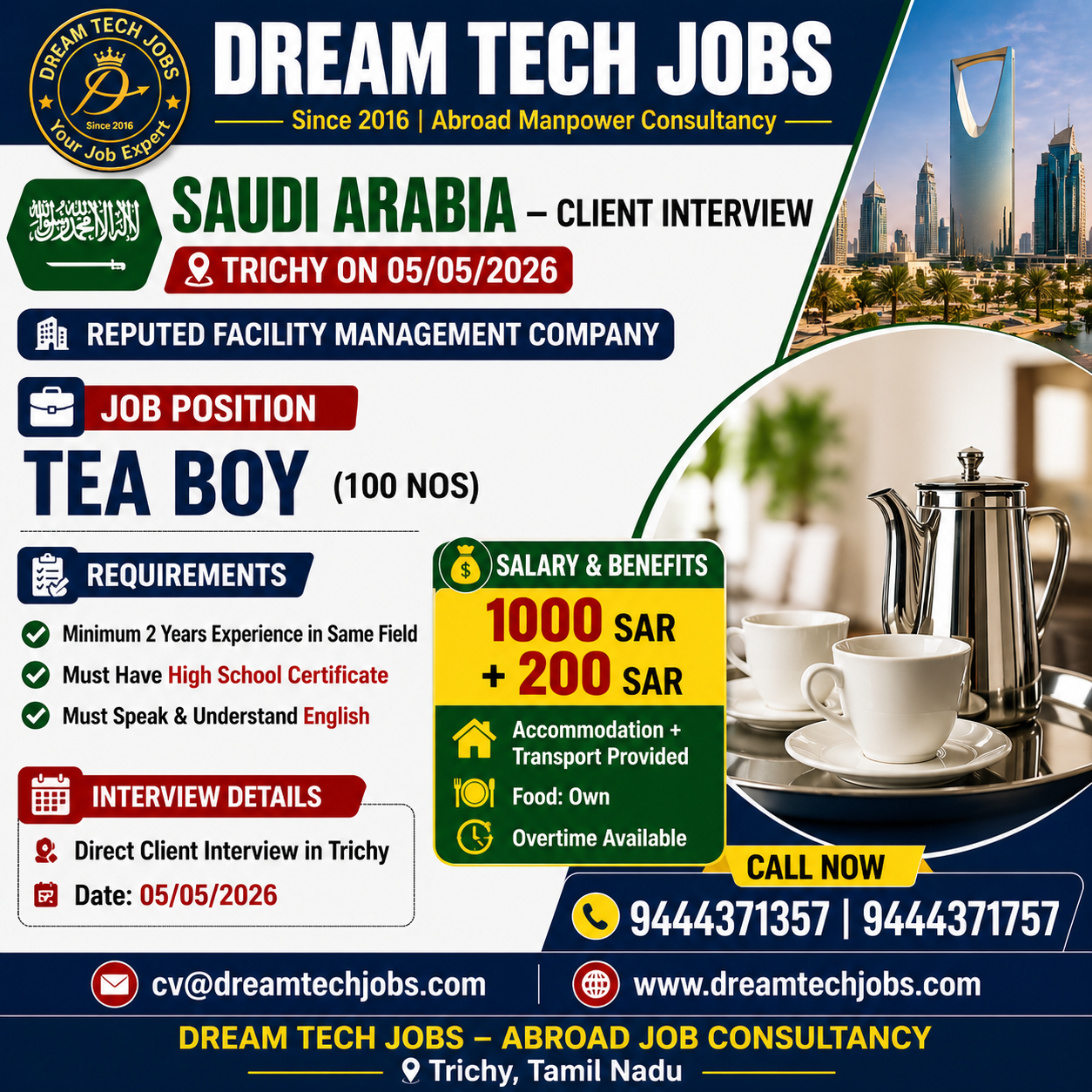 Saudi Arabia Tea Boy jobs 2026 Trichy interview