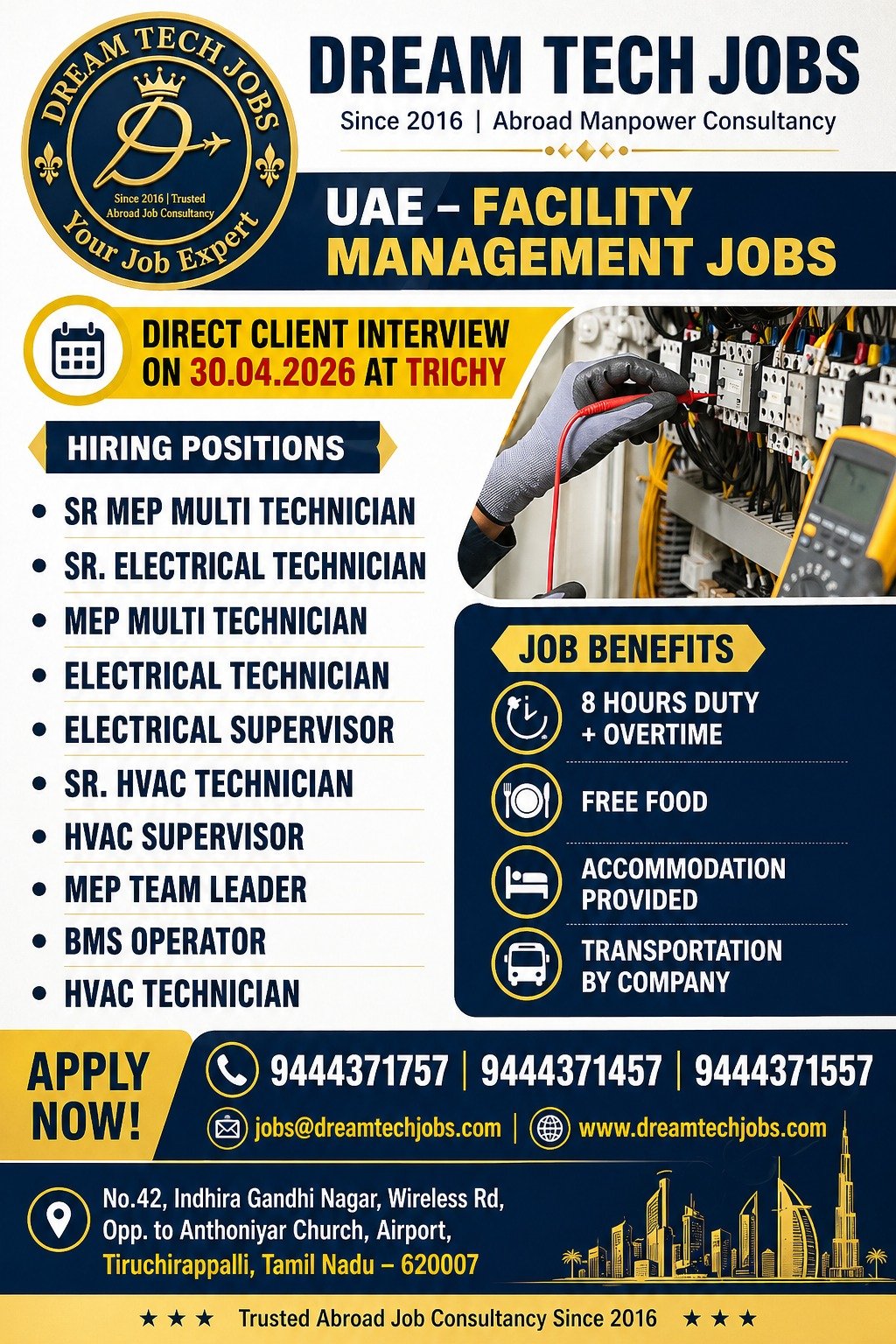 UAE facility management jobs 2026 Trichy interview