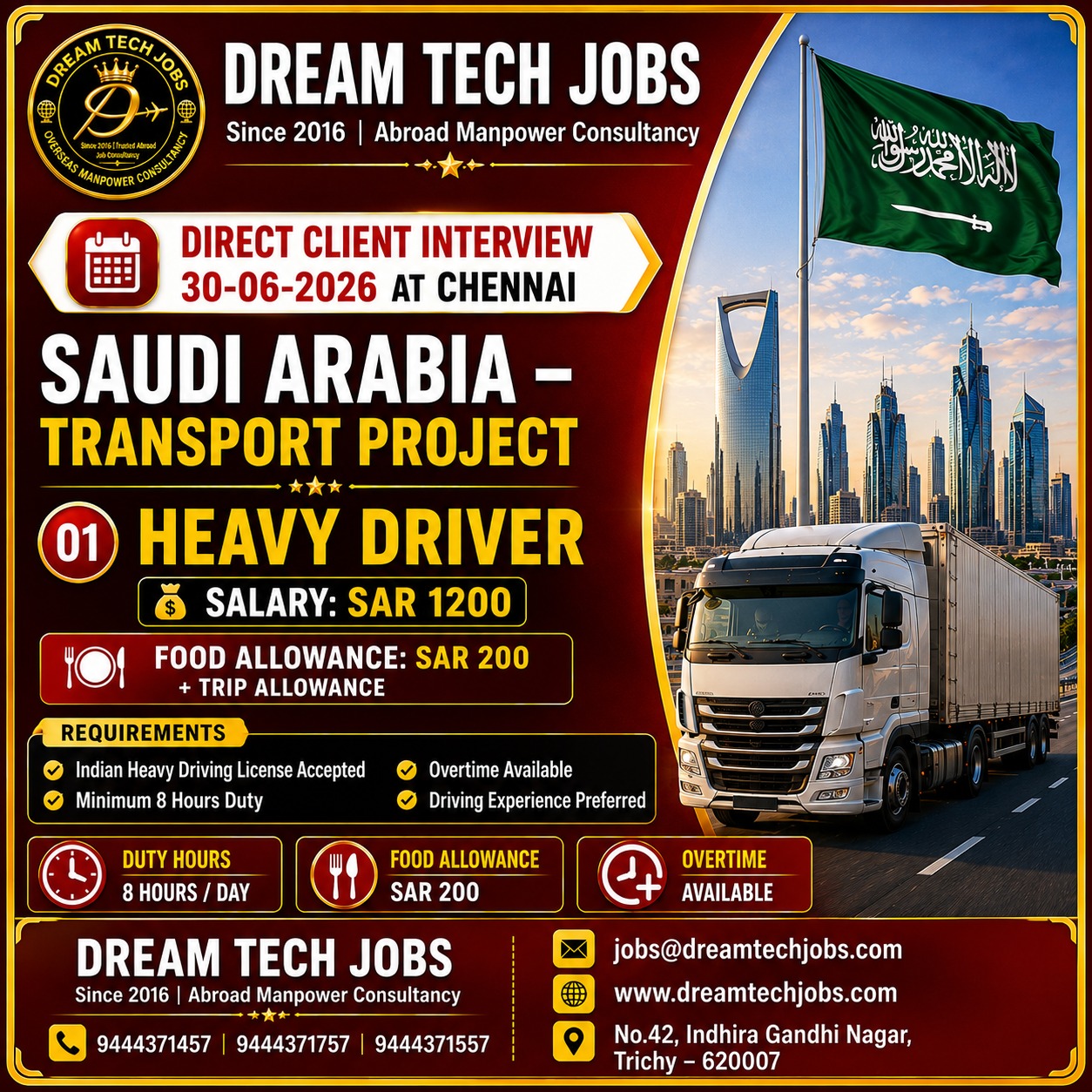 heavy driver Jobs in saudi arabia 2026 | Dream Tech Jobs Trichy