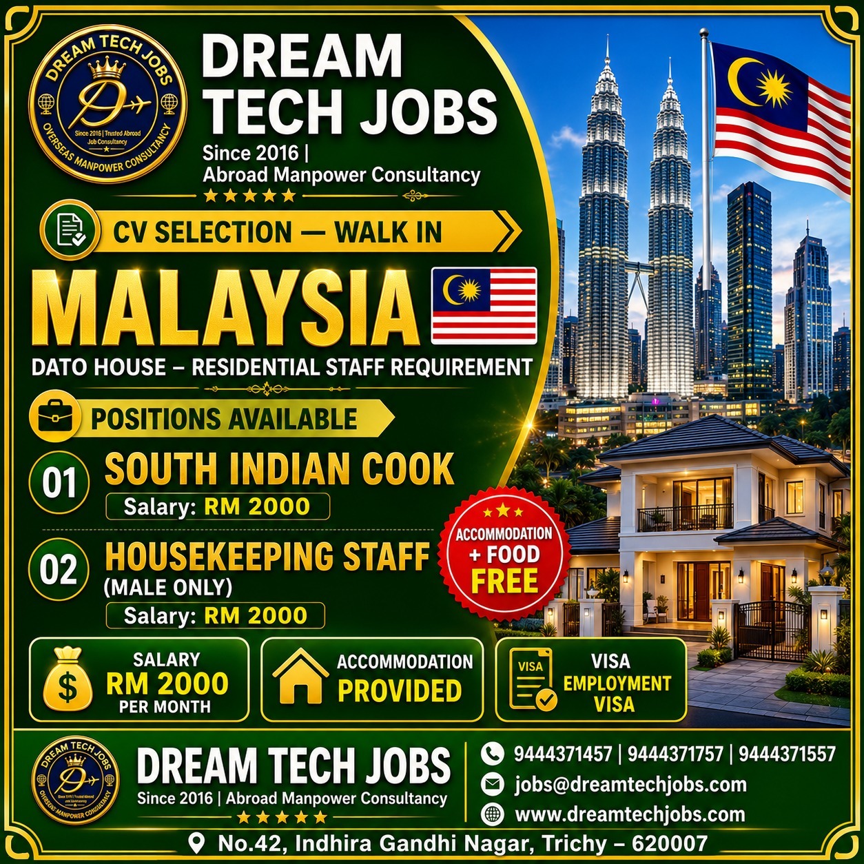 South Indian Cook Jobs in Malaysia 2026 | Dream Tech Jobs Trichy