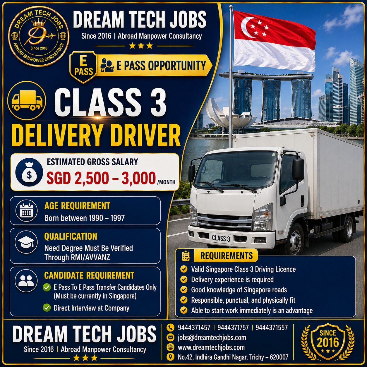 Class 3 Delivery Driver Jobs in Singapore 2026 | Dream Tech Jobs Trichy