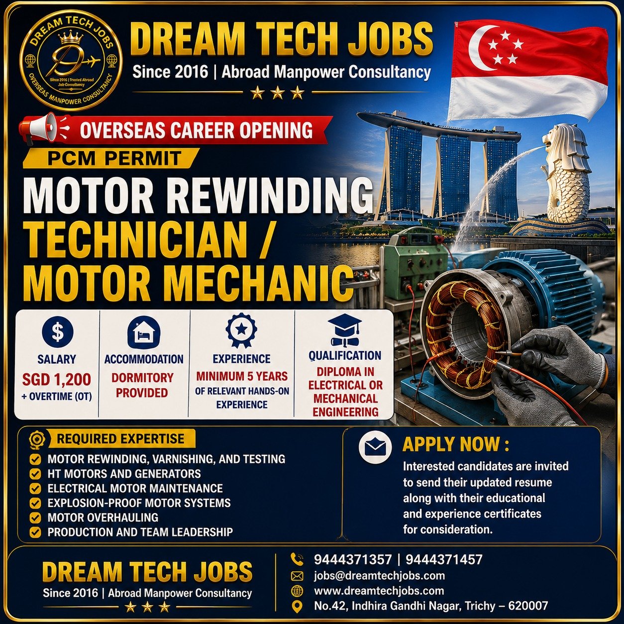Motor Rewinding Technician Jobs in Singapore 2026 | Dream Tech Jobs Trichy 2 Motor Rewinding Technician Jobs in Singapore 2026 | Dream Tech Jobs Trichy