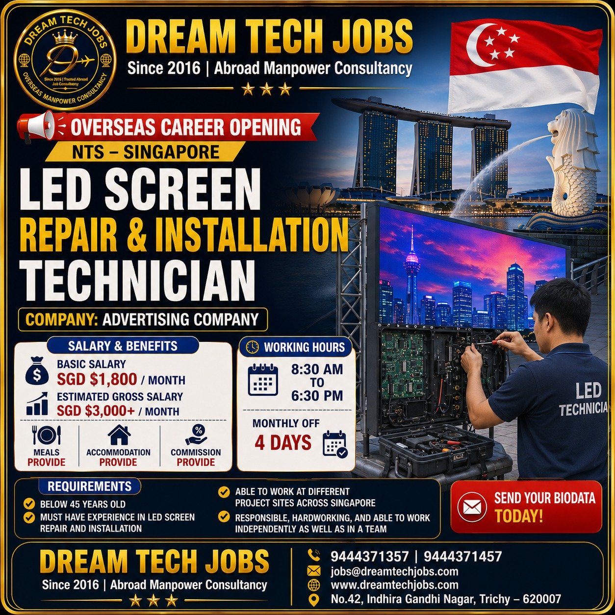 LED Screen Repair & Installation Technician Jobs in Singapore 2026 | Dream Tech Jobs Trichy