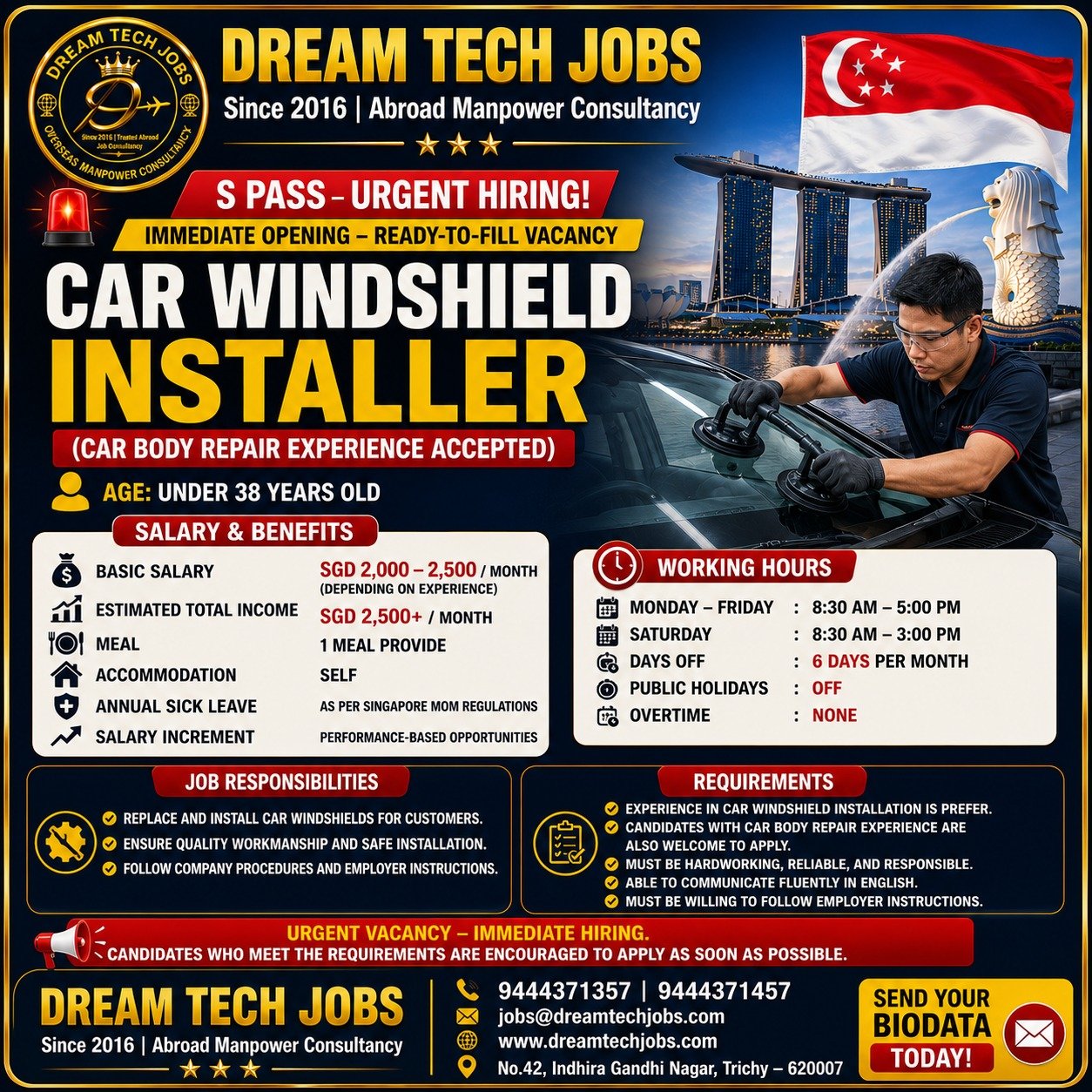 Car Windshield Installer Jobs in Singapore 2026 | Dream Tech Jobs Trichy