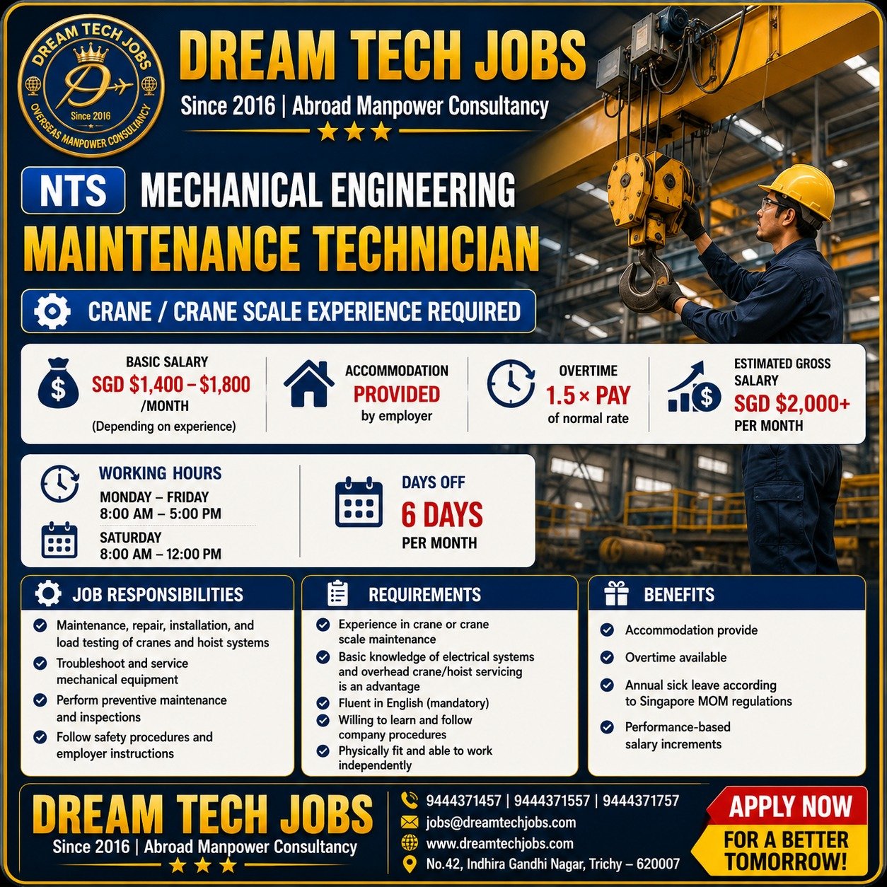 Maintenance Technician Jobs in Singapore 2026 | Dream Tech Jobs Trichy