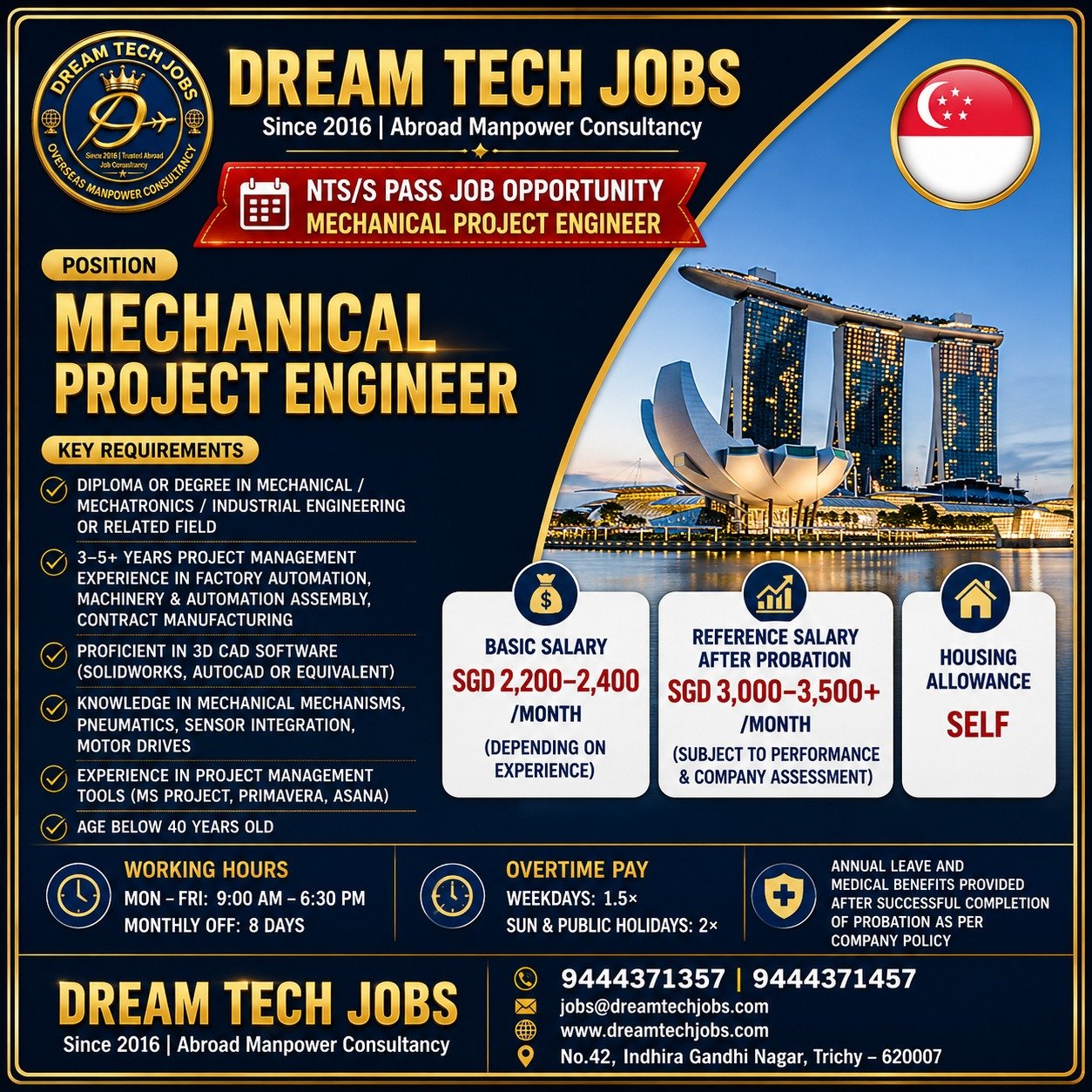 Mechanical Project Engineer Jobs in Singapore 2026 | Dream Tech Jobs Trichy