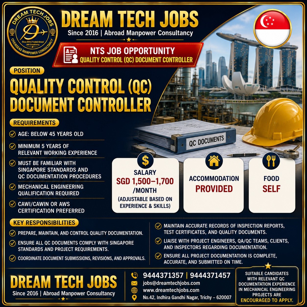 Quality Control Document Controller Jobs in Singapore 2026 | Dream Tech Jobs Trichy
