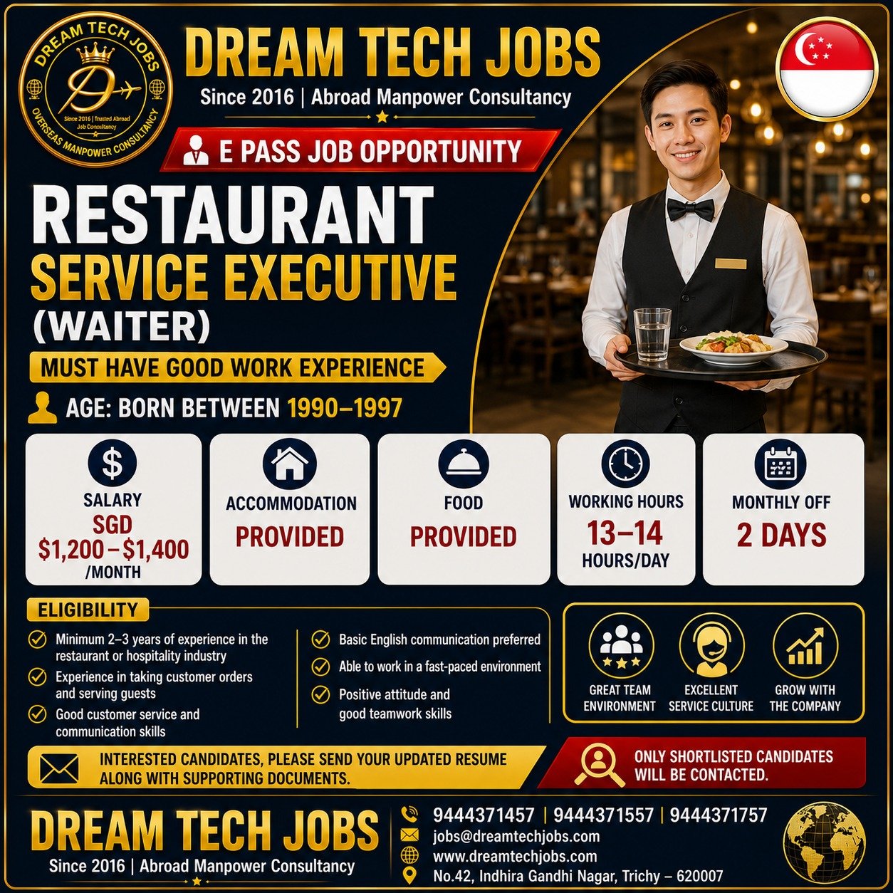 Restaurant Service Executive Jobs in Singapore 2026 | Dream Tech Jobs Trichy