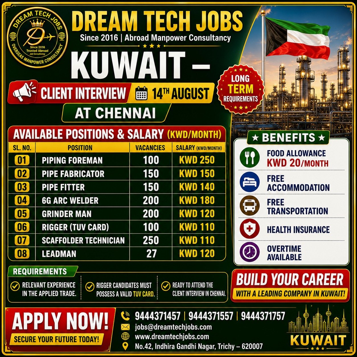 Piping Foreman Jobs in Kuwait 2026 | Dream Tech Jobs Trichy