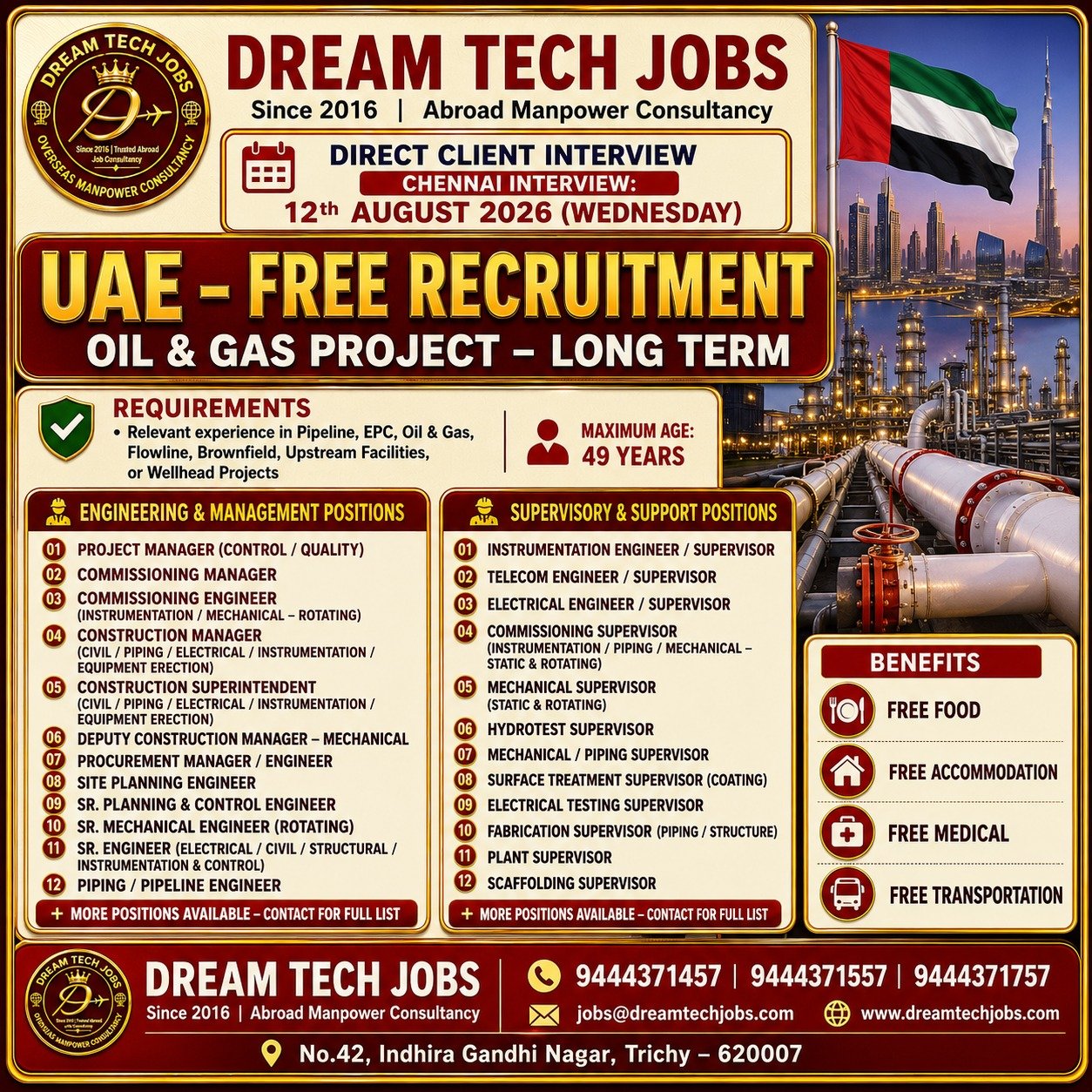 Commissioning Manager Jobs in UAE 2026 | Dream Tech Jobs Trichy