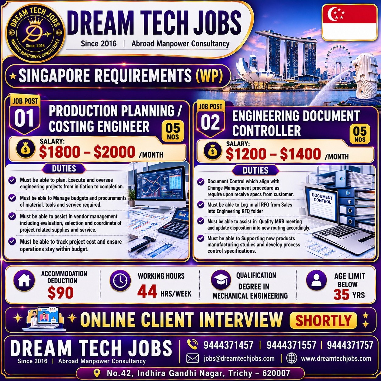 Production Planning / Costing Engineer Jobs in Singapore 2026 | Dream Tech Jobs Trichy 2 Production Planning / Costing Engineer Jobs in Singapore 2026 | Dream Tech Jobs Trichy