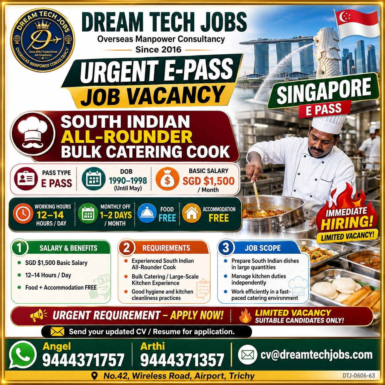 South Indian All-Rounder Bulk Catering Cook Jobs in Singapore 2026 | Dream Tech Jobs Trichy